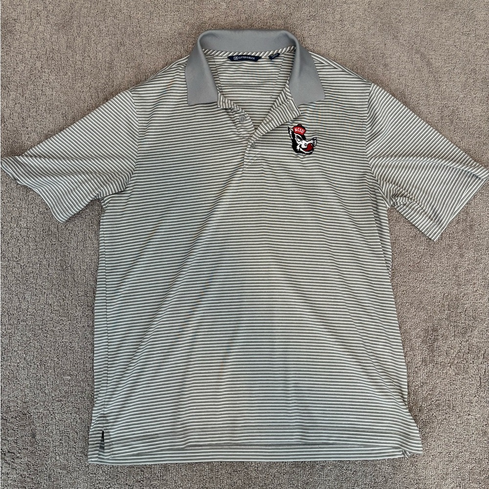 NC State Wolfpack Cutter & Buck Black and White Striped Polo Shirt - Size L